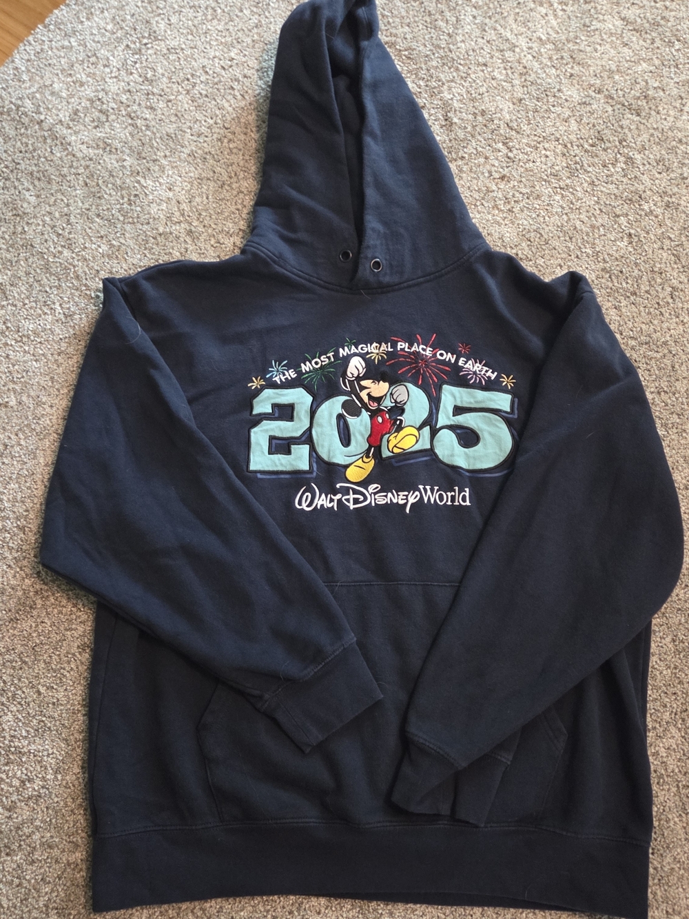 Disney Black Hoodie with Teal 2005 Mickey and Multicolor Fireworks